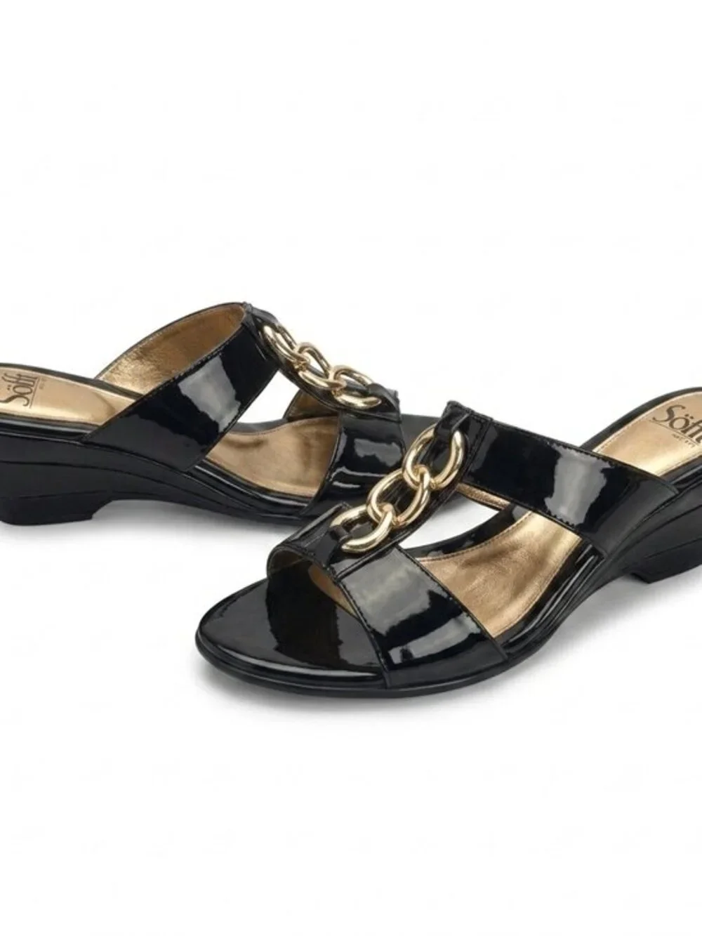 Like New Sofft Black Patent Leather Gold Ring Wedge Slide Sandals Size 8